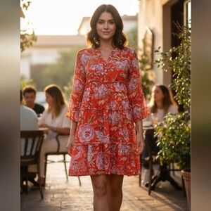 VTG Ibiza Women’s Dress M Red Floral Boho Tunic Tiered 100% Cotton preppy.